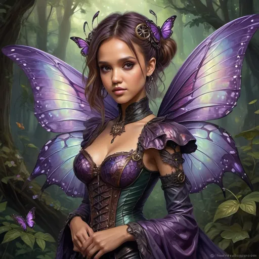 Prompt: Jessica Alba, Detailed, full body high-quality painting of a Dnd fairy, intricate dragonflywings with dark shimmering colors, cute facial traits, purple hair, detailed victorian murky steampunk outfit, magical forest setting, ethereal darkglowing aura, whimsical and enchanting, fantasy, fantastical, dark vibrant colors, gloomy and warm lighting, artificier outfit, butterflies