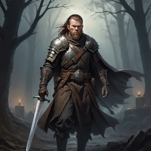 Prompt: Ryan Hurst, detailed DnD fantasy art of a heroic human fighter, brown eyes, thick long tousled darkbrown hair undercut, traditional detailed oil painting, intricate detailed full plate mail, longshield, detailed longsword in the hand, detailed black belts, Landscape with dramatic lighting, dark vibrant colors, high quality, game-rpg style, epic high fantasy, traditional art, dramatic dark lighting, heroic cleric, fascinating, high quality details, in a murky battlefield background surrounded by undeads, atmospheric lighting, highres, fantasy,  immersive, murky tones, medieval, mysterious, foggy, moody atmosphere, undead walking around 