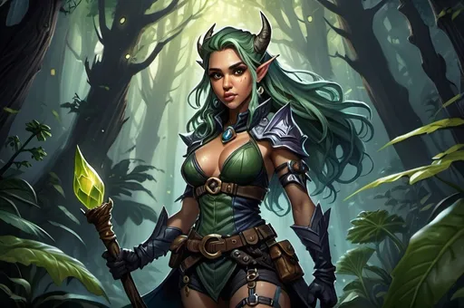 Prompt: Detailed DnD fantasy art of a pretty heroic female wood gnome druid, Jessica Alba facial twin, cute facial traits, black eyes, thick long tousled green hair, little cleavage, traditional detailed oil painting, intricate small brown leather armor, detailed black belts, dramatic lighting, dark vibrant colors, high quality, game-rpg style, epic high fantasy, traditional art, detailed brown leather armor, dramatic dark lighting, heroic rogue, fascinating, high quality details, wandering staff in the hand, in a murky forest background in a DnD fantasy landscape with detailed plants and trees, atmospheric lighting, highres, fantasy,  immersive, murky tones, medieval, mysterious, foggy, moody atmosphere, little birds flying around, dragonflies and butterflies flying around