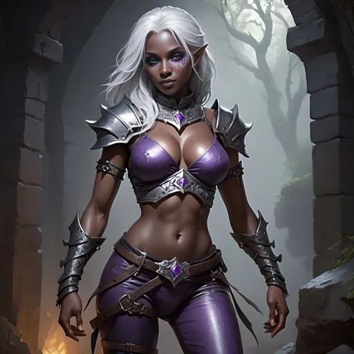 Prompt: Detailed highres DnD fantasy art of a heroic female drow fighter with bonnie facial traits, immensive thick long exuberant tousled white hair, extraordinary gorgeous bonnie and precious and clear facial traits, purple eyes, black eyeliner, visible six-pack belly, detailed intricate bellyfree huge silverblack in silvergrey fantasy chainmail, visible six-pack belly, slender and muscular body, visible black leather trousers, small shoulder armor, small bracers, small cleavage, traditional detailed painting, dramatic lighting, vibrant colors, high quality, game-rpg style, epic high fantasy, traditional art, dramatic dark lighting, fascinating, dark gloomy vibrant colors, high quality details, dramatic lighting, vibrant colors, enormous high quality, game-rpg style, epic fantasy, traditional art, dramatic lighting, fascinating, low body fat, vibrant colors, high quality details, dark gloomy, high quality details