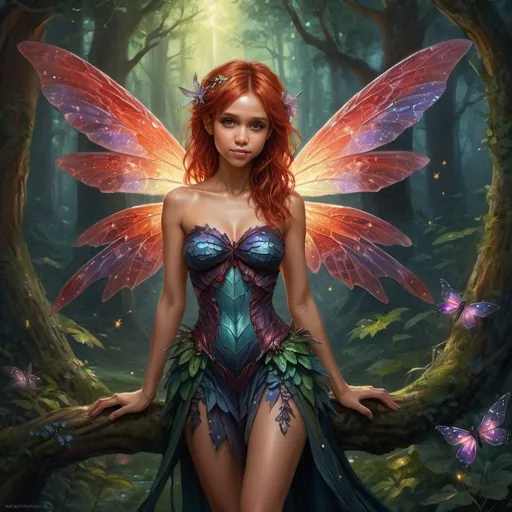 Prompt: Jessica Alba, Detailed, full body high-quality painting of a Dnd fairy, intricate dragonflywings with dark shimmering colors, cute facial traits, red hair, magical forest setting, ethereal darkglowing aura, whimsical and enchanting, fantasy, fantastical, dark vibrant colors, gloomy and warm lighting