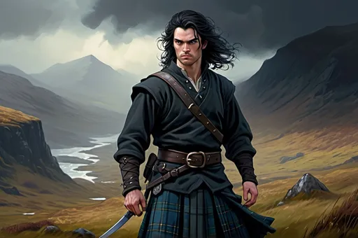 Prompt: Background in dramatic Scottish Highlands, dark vibrant colors, high quality, game-rpg style, epic high fantasy, traditional art, dramatic dark lighting, heroic fighter, fascinating, high quality details, atmospheric lighting, highres, fantasy,  immersive, murky tones, medieval, mysterious, foggy, moody atmosphere, broken Scottish Flag in the background, Duncan Lacroix, Kilt, Detailed DnD fantasy art of a heroic male fighter in the landscape, black eyes, thick long tousled black hair, traditional detailed oil painting, low body fat, intricate detailed typical Scottish mens clothes, detailed black belts