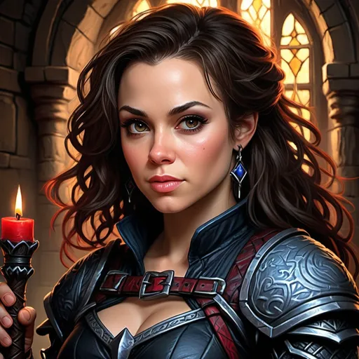 Prompt: Alyssa Milano, Detailed DnD fantasy art of a pretty heroic female dnd Halfling Rogue, lovely facial traits, thick long tousled dark brown hair, traditional detailed painting, intricate small black leather armor,  detailed black belts, dramatic lighting, vibrant colors, high quality, game-rpg style, epic high fantasy, traditional art, detailed black leather armor, dramatic dark lighting, heroic rogue, fascinating, vibrant colors, high quality details, 