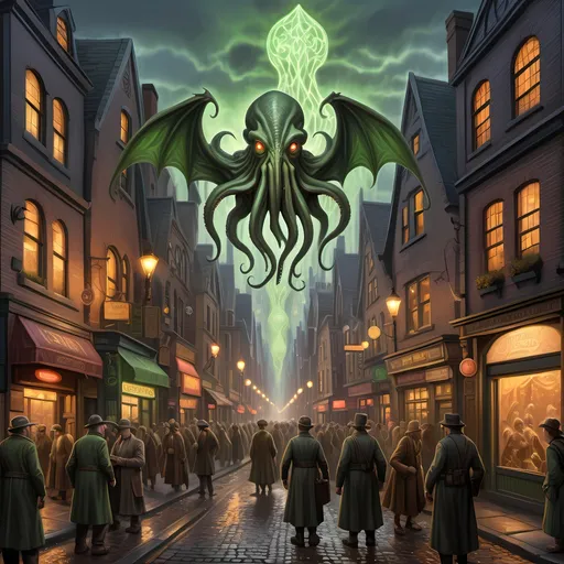 Prompt: 1920's cthulhu cityscape with bustling city, detailed intricate oil painting, detailed variant architecture and cobblestone streets, lively variant townsfolk in period variant clothing, mystical fantasy lighting, high quality, detailed variant medieval architecture, lively townsfolk, fantasy landscape, mystical lighting