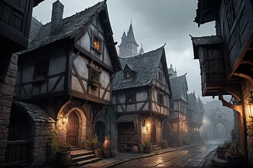 Prompt: Huge very detailed DnD fantasy landscape with a gloomy murky city, detailed houses and taverns, dark atmospheric lighting, highresolution, dark fantasy, detailed architecture, immersive, murky tones, dark medieval, mysterious, foggy, bustling city, detailed alleys, ancient buildings, moody atmosphere, a dnd female Dnd Rogue lungering around a house corner with a dagger in her hand
