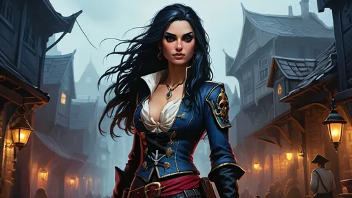 Prompt: Detailed DnD fantasy art of a pretty heroic female dnd Pirate, needs only 10% space of the picture, Amita Suman facial twin urgent, stunning facial traits, Amita Suman slender body twin, black eyes, thick long tousled blackblue hair, small cleavage, slender body, traditional detailed oil painting, detailed intricate small black in black leather armor,  detailed black belts, dramatic lighting, dark vibrant colors, high quality, game-rpg style, epic high fantasy, traditional art, dramatic dark lighting, heroic pirate, fascinating, high quality details, Dagger in the hand in a Huge very detailed DnD fantasy landscape with a murky city, detailed houses and taverns, atmospheric lighting, highres, fantasy, detailed architecture, immersive, murky tones, medieval, mysterious, foggy, bustling city, detailed alleys, ancient buildings, moody atmosphere