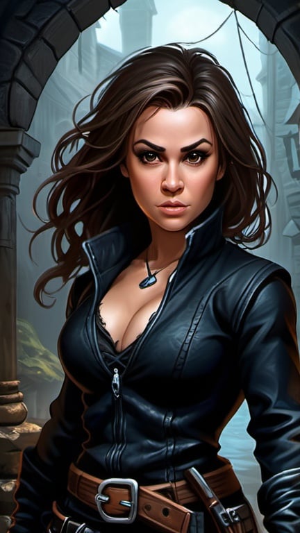 Prompt: Alyssa Milano, Detailed DnD fantasy art of a young heroic female dnd Halfling Rogue, many thick long tousled dark brown hair, traditional detailed painting, intricate small black leather vest, dark chemise, detailed black belts, murky lighting, dark vibrant colors, high quality, game-rpg style, epic high fantasy, traditional art, detailed black fabric armor, dramatic dark lighting, heroic rogue, fascinating, dark vibrant colors, high quality details, high quality detailed medivial urban background