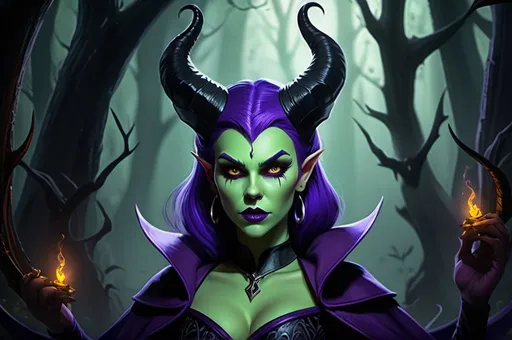Prompt: Animatic Maleficent-inspired, dark whole body fantasy illustration of a powerful animated Disney sorceress, Alissa White Gluz facial twin, cute facial traits, green skin, green teint, red lips, yellow eyes, high cheekbones, ominous and magical atmosphere, rich dull purple and black tones, murky mystical forest setting, intricate and detailed horns, piercing and intense gaze, flowing and dramatic purple cloak, high-quality, digital painting, fantasy, dark tones, magical, detailed horns, powerful sorceress, atmospheric lighting, skulls and bones laying around