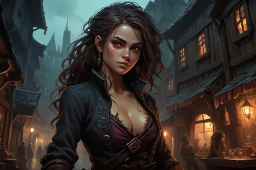 Prompt: A Huge very detailed DnD fantasy landscape with a murky city, detailed houses and taverns, atmospheric lighting, highres, fantasy, detailed architecture, immersive, murky tones, medieval, mysterious, foggy, bustling city, detailed alleys, ancient buildings, gloomy moody atmosphere, Facial twin of a young Tatiana Shmayluk, Detailed DnD fantasy art of a pretty heroic female halfling dnd rogue, immensive thick long tousled darkbrown with black wisps hair, slim ripped and wiry upper body, slim eight-pack belly, traditional detailed painting, detailed intricate bellyfree black pirate armour with showing a strong eight-pack, detailed black belts, dramatic lighting, vibrant colors, high quality, game-rpg style, epic high fantasy, traditional art, dramatic dark lighting, heroic rogue, fascinating, dark gloomy vibrant colors, high quality details, Dagger in the hand, small shoulder armor, small bracers, all clothes and armours in dull black and lila