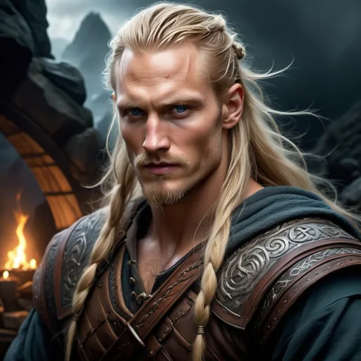 Prompt: Alexander Skarsgard, Detailed DnD fantasy art of a male Viking,  many thick long tousled blonde hair with undercut, nordic facial tattoos, full-bearded, traditional detailed painting, oil painting, detailed black belts, murky lighting, dark vibrant colors, high quality, game-rpg style, epic high fantasy, traditional art,  dramatic gloomy lighting, heroic Viking, fascinating, dark vibrant colors, high quality details,clothes with intricate nordic details, high quality detailed stormy and dramatic atmosphere, fierce expression, dynamic pose, Nordic runes, moody lighting