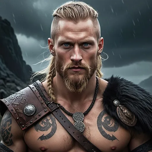 Prompt: Detailed DnD fantasy art of a male Viking, Alexander Skarsgard facial twin but with many nordic facial tattoos, many nordic tattoos in the face, Viking undercut hairstyle, long full-bearded, huge muscles, traditional detailed painting, oil painting, detailed black belts, murky lighting, dark vibrant colors, high quality, game-rpg style, epic high fantasy, traditional art,  dramatic gloomy lighting, heroic Viking, fascinating, dark vibrant colors, high quality details, clothes with intricate nordic details, high quality detailed stormy and dramatic atmosphere, Nordic runes, moody lighting