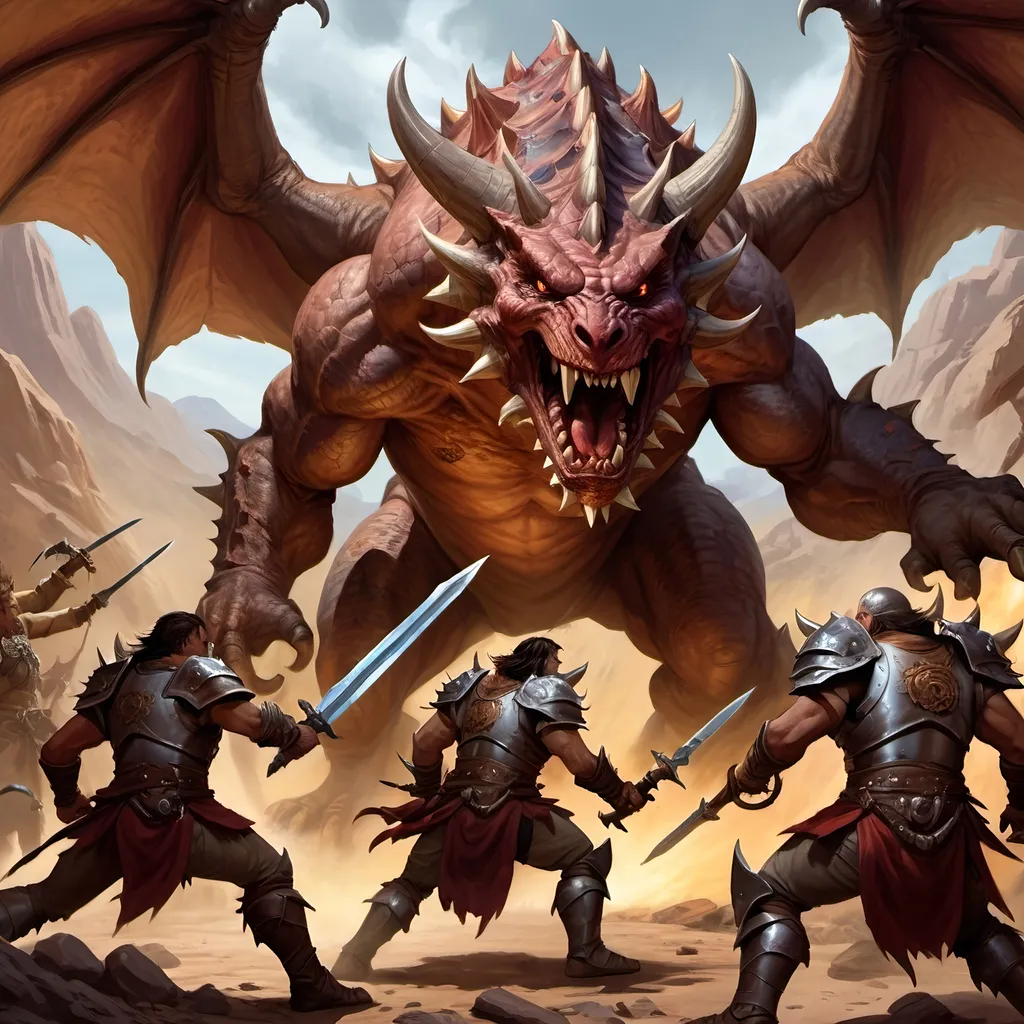 Prompt: Dungeons & Dragons adventure group in fierce combat with the tarrasque, digital painting, detailed armor and weapons, epic fantasy setting, intense action scene, high quality, fantasy, digital painting, detailed armor, intense action, epic fantasy, combat, trolls, elaborate weapons, dramatic lighting