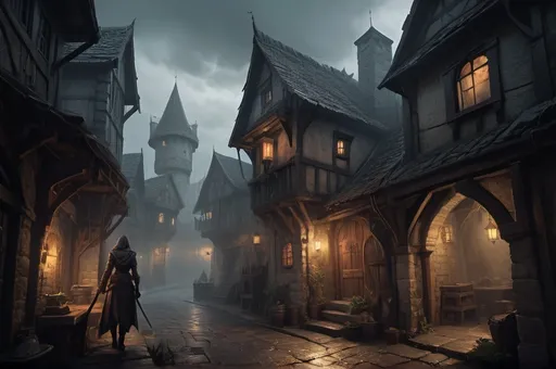 Prompt: Huge very detailed DnD fantasy landscape with a murky city, detailed houses and taverns, atmospheric lighting, highres, fantasy, detailed architecture, immersive, murky tones, medieval, mysterious, foggy, bustling city, detailed alleys, ancient buildings, moody atmosphere, a dnd female Dnd Assassin lungering around a house corner with a dagger in her hand