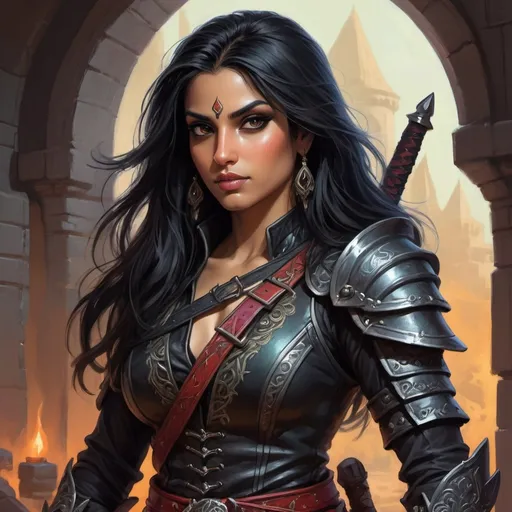 Prompt: Amita Suman, Detailed DnD fantasy art of a pretty heroic female dnd Rogue, lovely facial traits, thick long tousled black hair, traditional detailed painting, intricate small black leather armor,  detailed black belts, dramatic lighting, vibrant colors, high quality, game-rpg style, epic high fantasy, traditional art, detailed black leather armor, dramatic dark lighting, heroic rogue, fascinating, vibrant colors, high quality details, Dagger