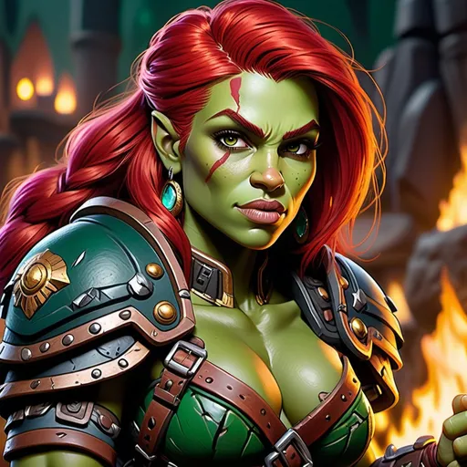 Prompt: Detailed DnD fantasy art of a cute pretty heroic female dnd half orc barbarian, lovely facial traits, green skin, red hair, detailed visible boar teeth at the mouth, detailed visible tusks at the mouth, traditional detailed painting, intricate small black leather armor, detailed black belts, dramatic lighting, vibrant colors, high quality, game-rpg style, epic fantasy, traditional art, detailed dark leather armor, dramatic lighting, heroic barbarian, fascinating dry muscles, large biceps, strong underarms, low body fat, vibrant colors, high quality details, impressive warhammer in the hand