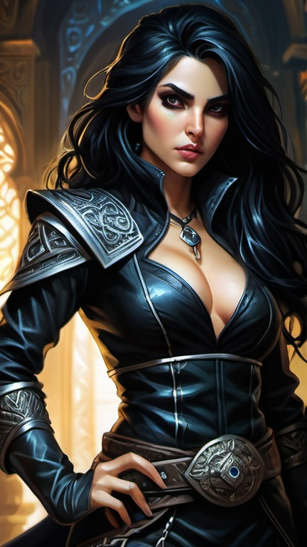 Prompt: Detailed DnD fantasy art of a pretty heroic female dnd Rogue, Aminta Suman facial twin, lovely facial traits, darkbrown eyes, thick long tousled black hair, traditional detailed oil painting, intricate small black leather armor,  detailed black belts, dramatic lighting, dark vibrant colors, high quality, game-rpg style, epic high fantasy, traditional art, detailed black leather armor, dramatic dark lighting, heroic rogue, fascinating, high quality details, Dagger, murky urban arabic background