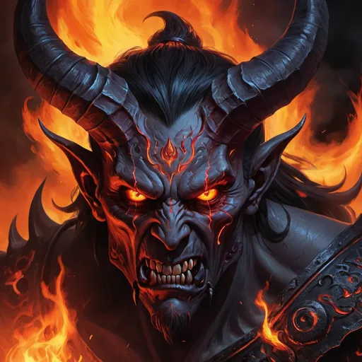 Prompt: Detailed digital painting of Demon Mizora in Baldur's Gate 3, fiery and ominous atmosphere, high quality, digital painting, menacing demonic features, glowing eyes, intense expression, swirling flames, dark and foreboding color tones, intricate horns, fiery backdrop, dramatic lighting