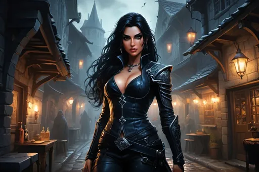 Prompt: Detailed DnD fantasy art of a pretty heroic female dnd Assassin, Amita Suman facial twin urgent, stunning facial traits, Amita Suman body twin, black eyes, thick long tousled black hair, little cleavage, traditional detailed oil painting, intricate small black in black leather armor,  detailed black belts, dramatic lighting, dark vibrant colors, high quality, game-rpg style, epic high fantasy, traditional art, detailed black leather armor, dramatic dark lighting, heroic assassin, fascinating, high quality details, Dagger in the hand in  a Huge very detailed DnD fantasy landscape with a murky city, detailed houses and taverns, atmospheric lighting, highres, fantasy, detailed architecture, immersive, murky tones, medieval, mysterious, foggy, bustling city, detailed alleys, ancient buildings, moody atmosphere, with a small 