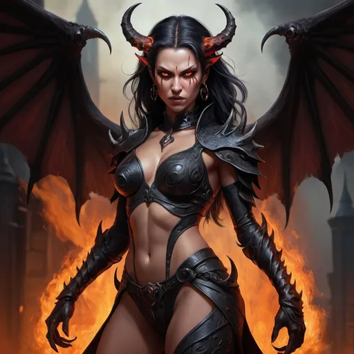 Prompt: Detailed digital painting of full body female Baldur's Gate 3 Demon Mizora, Anya Chalotra, stunning pretty but mean facial traits, grey skin, leathery huge and black demonwings, fiery and ominous atmosphere, high quality, digital painting, menacing demonic features, glowing eyes, intense expression, swirling background flames, dark and foreboding color tones, intricate horns, fiery backdrop, dramatic lighting