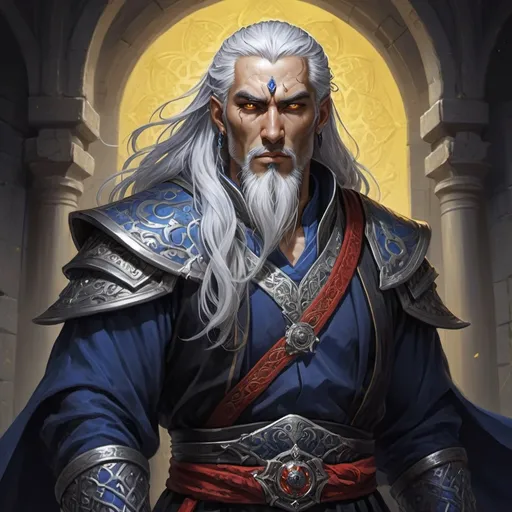 Prompt: Detailed DnD fantasy art of a heroic male dnd yuan-ti pureblood cleric, traditional detailed painting,  white in grey hair, intricate black in Darkblue black gown detailed black belts, dramatic lighting, vibrant colors, high quality, game-rpg style, epic fantasy, traditional art,, dramatic lighting, heroic cleric, vibrant colors, high quality details, yellow snake eyes, splitted tongue, Arabic ancestry