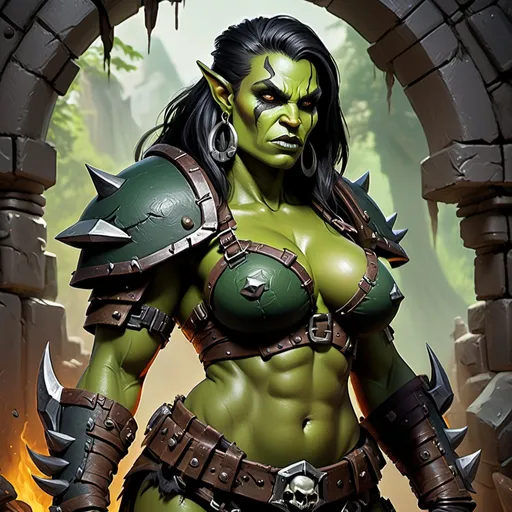 Prompt: Detailed DnD fantasy art of a heroic female dnd half orc barbarian, green skin, detailed tusks, traditional detailed painting,  intricate small black leather armor, detailed black belts, dramatic lighting, vibrant colors, high quality, game-rpg style, epic fantasy, traditional art,  detailed dark leather armor, dramatic lighting, heroic barbarian, fascinating dry muscles, large biceps, strong underarms, low body fat, vibrant colors, high quality details, impressive warhammer in the hand