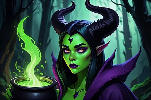 Prompt: Animatic Maleficent-inspired, dark fantasy illustration of a powerful animated Disney sorceress, Jenna Ortega facial twin, cute facial traits, green skin, green teint, red lips, high cheekbones, ominous and magical atmosphere, rich dull purple and black tones, murky mystical forest setting, intricate and detailed horns, piercing and intense gaze, flowing and dramatic purple cloak, high-quality, digital painting, fantasy, dark tones, magical, detailed horns, powerful sorceress, atmospheric lighting, skulls and bones laying around, huge cauldron with green liquid and black steam