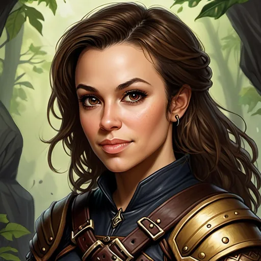 Prompt: Alyssa Milano, Detailed DnD fantasy art of a pretty heroic female dnd Halfling Rogue, lovely facial traits, dark brown hair,  traditional detailed painting, intricate small brown leather armor,  detailed black belts, dramatic lighting, vibrant colors, high quality, game-rpg style, epic fantasy, traditional art, detailed leather armor, dramatic lighting, heroic rogue, fascinating, vibrant colors, high quality details, Rapier