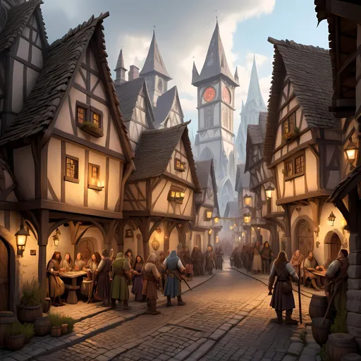 Prompt: Medieval D&D fantasy cityscape with bustling village, detailed architecture and cobblestone streets, lively townsfolk in period clothing, mystical fantasy lighting, high quality, detailed medieval architecture, lively townsfolk, fantasy landscape, mystical lighting