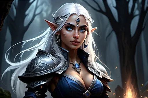 Prompt: Priynka Chopra Detailed DnD fantasy art of a pretty heroic female elven Selune cleric  cute facial traits, blue eyes, thick long tousled white hair, little cleavage, traditional detailed oil painting, intricate detailed small darkblue plate mail, darkblue-silver shield with Selune symbol, detailed black belts, dramatic lighting, dark vibrant colors, high quality, game-rpg style, epic high fantasy, traditional art, dramatic dark lighting, heroic cleric, fascinating, high quality details, battlehammer in the hand, in a murky battlefield background surrounded by undeads, atmospheric lighting, highres, fantasy,  immersive, murky tones, medieval, mysterious, foggy, moody atmosphere, undead walking around