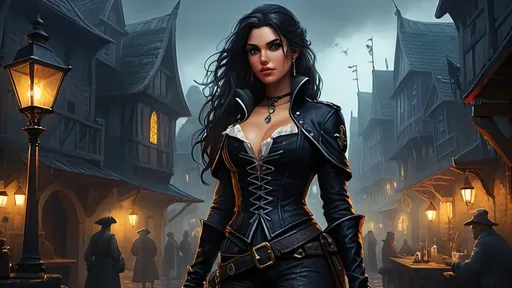 Prompt: Detailed DnD fantasy art of a pretty heroic female dnd Pirate, needs only 10% space of the picture, Amita Suman facial twin urgent, stunning facial traits, Amita Suman slender body twin, black eyes, thick long tousled darkblonde hair, small cleavage, slender body, traditional detailed oil painting, intricate small black in black leather armor,  detailed black belts, dramatic lighting, dark vibrant colors, high quality, game-rpg style, epic high fantasy, traditional art, detailed black leather armor, dramatic dark lighting, heroic pirate, fascinating, high quality details, Dagger in the hand in  a Huge very detailed DnD fantasy landscape with a murky city, detailed houses and taverns, atmospheric lighting, highres, fantasy, detailed architecture, immersive, murky tones, medieval, mysterious, foggy, bustling city, detailed alleys, ancient buildings, moody atmosphere