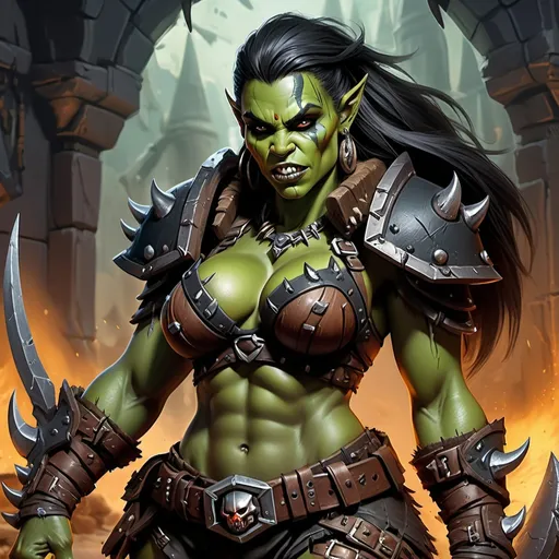 Prompt: Detailed DnD fantasy art of a heroic female dnd half orc barbarian, green skin, detailed canine teeth, traditional detailed painting,  intricate small black leather armor, detailed black belts, dramatic lighting, vibrant colors, high quality, game-rpg style, epic fantasy, traditional art,  detailed dark leather armor, dramatic lighting, heroic barbarian, fascinating dry muscles, large biceps, srong underamrs, low body fat, vibrant colors, high quality details, impressive warhammer in the hand