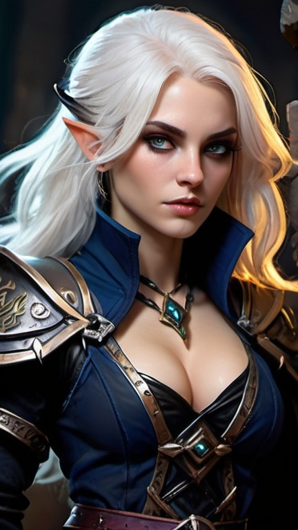 Prompt: Detailed DnD fantasy art of a young pretty heroic female dnd Fey'ri Warlock, bonnie facial traits, many thick long tousled white hair, traditional detailed painting, intricate small black leather vest, darkblue chemise, detailed black belts, murky lighting, dark vibrant colors, high quality, game-rpg style, epic high fantasy, traditional art, detailed black fabric armor, dramatic gloomy lighting, heroic Warlock, fascinating, dark vibrant colors, high quality details, high quality detailed murky medivial urban background,