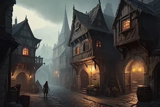 Prompt: Huge very detailed DnD fantasy landscape with a murky city, detailed houses and taverns, atmospheric lighting, highres, fantasy, detailed architecture, immersive, murky tones, medieval, mysterious, foggy, bustling city, detailed alleys, ancient buildings, moody atmosphere, with a small Detailed DnD fantasy art of a pretty heroic female dnd Rogue