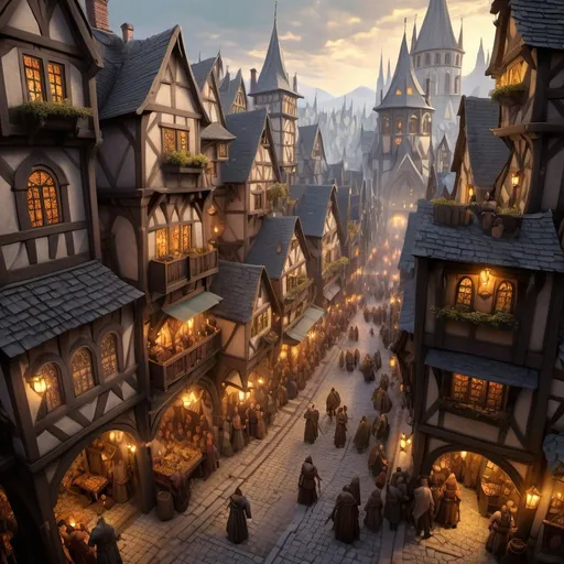 Prompt: Medieval D&D fantasy cityscape with bustling city, aerialview, detailed architecture and cobblestone streets, lively townsfolk in period variant clothing, mystical fantasy lighting, high quality, detailed medieval architecture, lively townsfolk, fantasy landscape, mystical lighting