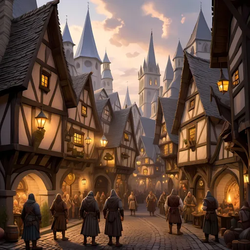 Prompt: Medieval D&D fantasy cityscape with bustling village, detailed architecture and cobblestone streets, lively townsfolk in period clothing, mystical fantasy lighting, high quality, detailed medieval architecture, lively townsfolk, fantasy landscape, mystical lighting