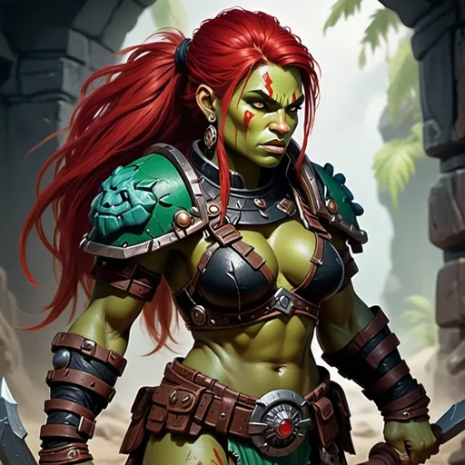 Prompt: Detailed DnD fantasy art of a cute pretty heroic female dnd half orc barbarian, lovely facial traits, green skin, red hair, detailed visible boar teeth at the mouth, detailed visible tusks at the mouth, traditional detailed painting, intricate small black leather armor, detailed black belts, dramatic lighting, vibrant colors, high quality, game-rpg style, epic fantasy, traditional art, detailed dark leather armor, dramatic lighting, heroic barbarian, fascinating dry muscles, large biceps, strong underarms, low body fat, vibrant colors, high quality details, impressive warhammer in the hand