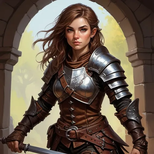Prompt: Detailed DnD fantasy art of a pretty heroic female dnd Halfling Rogue, lovely facial traits, brown hair,  traditional detailed painting, intricate small brown leather armor,  detailed black belts, dramatic lighting, vibrant colors, high quality, game-rpg style, epic fantasy, traditional art, detailed leather armor, dramatic lighting, heroic rogue, fascinating, vibrant colors, high quality details, Rapier