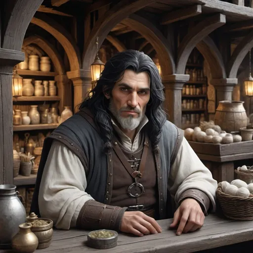 Prompt: Detailed DND elder merchant in medieval city landscape, black hair with white skeins, rugged clothes, behind a sales table, many items on the table, murky lighting, medieval streets, medieval buildings, many inhabitants in background, high quality, detailed, medieval, fantasy, detailed hair, traditional, atmospheric lighting, detailed scenery