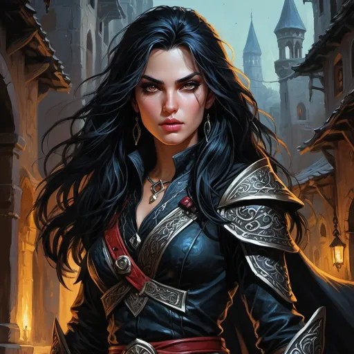 Prompt: Detailed DnD fantasy art of a pretty heroic female dnd Rogue, Aminta Suman facial twin, lovely facial traits, thick long tousled black hair, traditional detailed oil painting, intricate small black leather armor,  detailed black belts, dramatic lighting, dark vibrant colors, high quality, game-rpg style, epic high fantasy, traditional art, detailed black leather armor, dramatic dark lighting, heroic rogue, fascinating, high quality details, Dagger, murky urban arabic background