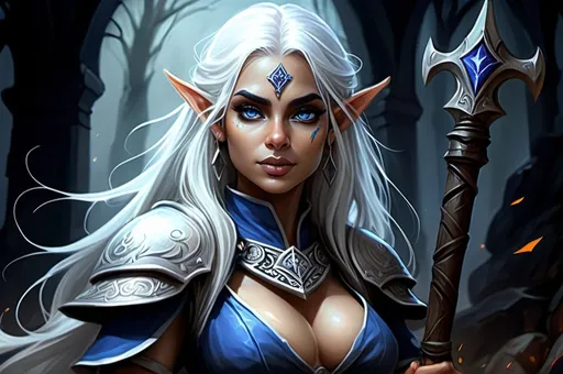 Prompt: Priynka Chopra Detailed DnD fantasy art of a pretty heroic female elven Selune cleric  cute facial traits, blue eyes, thick long tousled white hair, little cleavage, traditional detailed oil painting, intricate detailed small darkblue plate mail, darkblue-silver shield with Selune symbol, detailed black belts, dramatic lighting, dark vibrant colors, high quality, game-rpg style, epic high fantasy, traditional art, dramatic dark lighting, heroic cleric, fascinating, high quality details, battlehammer in the hand, in a murky battlefield background surrounded by undeads, atmospheric lighting, highres, fantasy,  immersive, murky tones, medieval, mysterious, foggy, moody atmosphere, undead walking around
