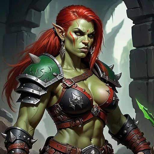 Prompt: Detailed DnD fantasy art of a heroic female dnd half orc barbarian, green skin, red hair, detailed visible tusks, traditional detailed painting, intricate small black leather armor, detailed black belts, dramatic lighting, vibrant colors, high quality, game-rpg style, epic fantasy, traditional art, detailed dark leather armor, dramatic lighting, heroic barbarian, fascinating dry muscles, large biceps, strong underarms, low body fat, vibrant colors, high quality details, impressive warhammer in the hand