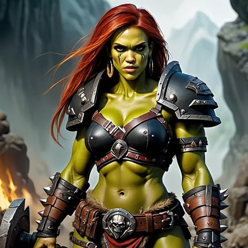 Prompt: Jessica Alba as adult female Orc, Detailed WoW fantasy art of a heroic female wild orc barbarian, lovely facial traits, green skin, red hair, detailed outstanding visible boar teeth at the mouth, detailed outstanding visible tusks at the mouth, traditional detailed painting, intricate small black leather armor, detailed black belts, dramatic lighting, dark vibrant colors, high quality, game-rpg style, epic fantasy, traditional art, detailed dark leather armor, dramatic lighting, heroic strong barbarian, fascinating dry muscles, large biceps, strong underarms, low body fat, vibrant colors, high quality details, impressive warhammer