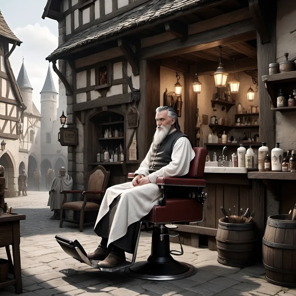 Detailed DND elder barber in medieval city landscape...