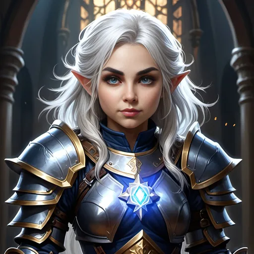 Prompt: Pike Trickfoot, D&D Fantasy illustration of a female gnome cleric in darkblue full plate armor, overhelming and stunning beautiful and cute facial traits, full body, immensive thick tousled white hair, radiant glowing eyes, mystical holy symbols engraved on armor, ethereal glow surrounding her, high quality, detailed armor, fantasy, radiant, grey eyes, white hair, mystical, ethereal, full plate armor, female cleric, detailed, radiant glow, enchanted, professional lighting