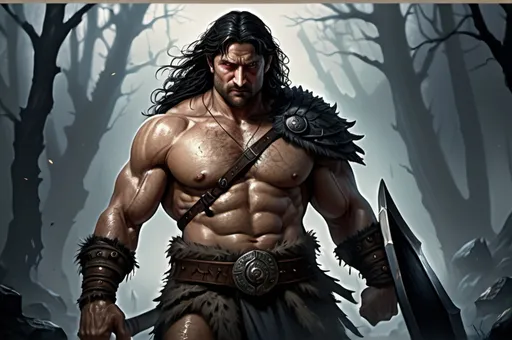 Prompt: Gerard Butler, Detailed DnD fantasy art of a heroic male goliath barbarian, black eyes, thick long tousled black hair, traditional detailed oil painting, detailed massive intricate muscles, low body fat, intricate detailed brown leather armour, detailed black belts, dramatic lighting, dark vibrant colors, high quality, game-rpg style, epic high fantasy, traditional art, dramatic dark lighting, heroic cleric, fascinating, high quality details, battlehammer in the hand, in a murky battlefield background, atmospheric lighting, highres, fantasy,  immersive, murky tones, medieval, mysterious, foggy, moody atmosphere, undead walking around