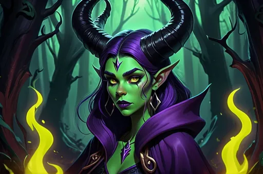 Prompt: Animatic Maleficent-inspired, dark fantasy illustration of a powerful animated Disney sorceress, Jenna Ortega facial twin, cute facial traits, green skin, green teint, yellow eyes, red lips, high cheekbones, ominous and magical atmosphere, rich dull purple and black tones, murky mystical forest setting, intricate and detailed horns, piercing and intense gaze, flowing and dramatic purple cloak, high-quality, digital painting, fantasy, dark tones, magical, detailed horns, powerful sorceress, atmospheric lighting, skulls and bones laying around, huge cauldron with green liquid and black steam