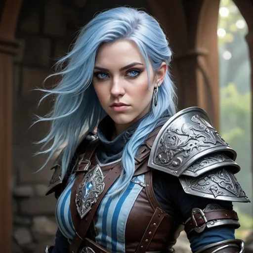 Prompt: Alissa White-Gluz, Detailed DnD fantasy art of a heroic female DnD Air Genasi Ranger, bonnie facial traits, Blackblue haircolour, lightblue grey teint, blue stripes at the skin, blue eyes, traditional detailed painting, intricate small black leather armor, black tunic, detailed black belts, dramatic lighting, vibrant colors, high quality, game-rpg style, epic fantasy, traditional art, detailed leather armor, dramatic lighting, heroic ranger, fascinating, vibrant dark colors, high quality details