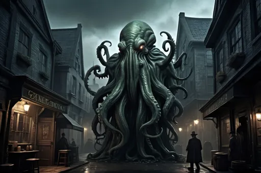 Prompt: Huge very detailed Cthulhu Dark fantasy landscape with a gloomy murky city, detailed houses and taverns, dark atmospheric lighting, highresolution, dark fantasy, detailed architecture, immersive, murky tones, dark eaarly 1920's mysterious, foggy, bustling city, detailed alleys, 1920's buildings, moody atmosphere, few mystic people hided in the shadows...Cthulhu monster is loitering around