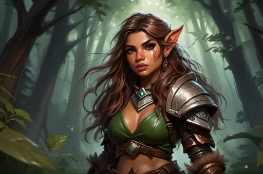 Prompt: Detailed DnD fantasy art of a pretty heroic female wood gnome druid, Priyanka Chopra facial twin, cute facial traits, green eyes, thick long tousled syringa hair, little cleavage, traditional detailed oil painting, intricate small brown leather armor, detailed black belts, dramatic lighting, dark vibrant colors, high quality, game-rpg style, epic high fantasy, traditional art, detailed brown leather armor, dramatic dark lighting, heroic druid, fascinating, high quality details, wandering staff in the hand, in a murky forest background in a DnD fantasy landscape with detailed plants and trees, atmospheric lighting, highres, fantasy,  immersive, murky tones, medieval, mysterious, foggy, moody atmosphere, little birds flying around, dragonflies and butterflies flying around