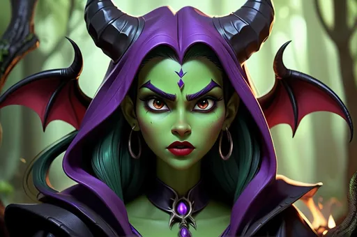 Prompt: Animatic Maleficent-inspired, dark whole body fantasy illustration of a powerful animated oldschool Disney sorceress, Priyanka Chopra, mean facial traits, green skin, green teint, red lips, high cheekbones, leathery huge black demonwings, ominous and magical atmosphere, rich dull purple and black tones, murky mystical forest setting, intricate and detailed horns, piercing and intense gaze, flowing and dramatic purple cloak, high-quality, digital painting, fantasy, dark tones, magical, detailed horns, powerful sorceress, atmospheric lighting, skulls and bones laying around, huge cauldron with green liquid and black steam